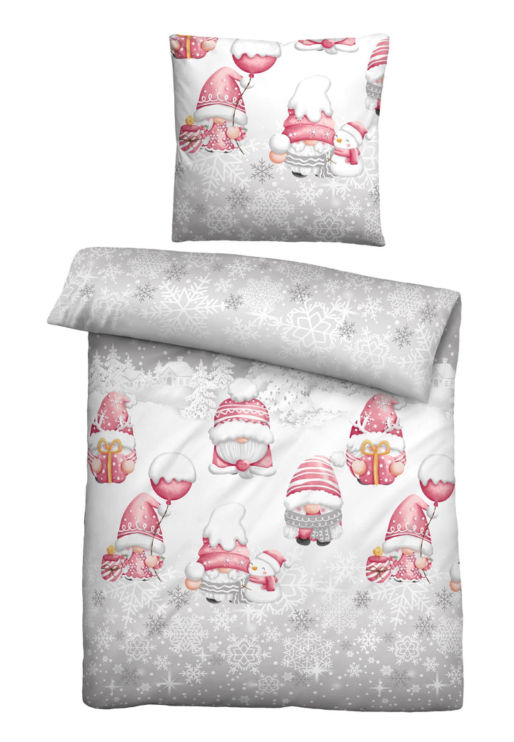 Feinbiber Bettwäsche aus 100 % Baumwolle | Weihnachtsbettwäsche mit Wichteln und Schneeflocken | Beidseitig angeraut, 60 °C waschbar