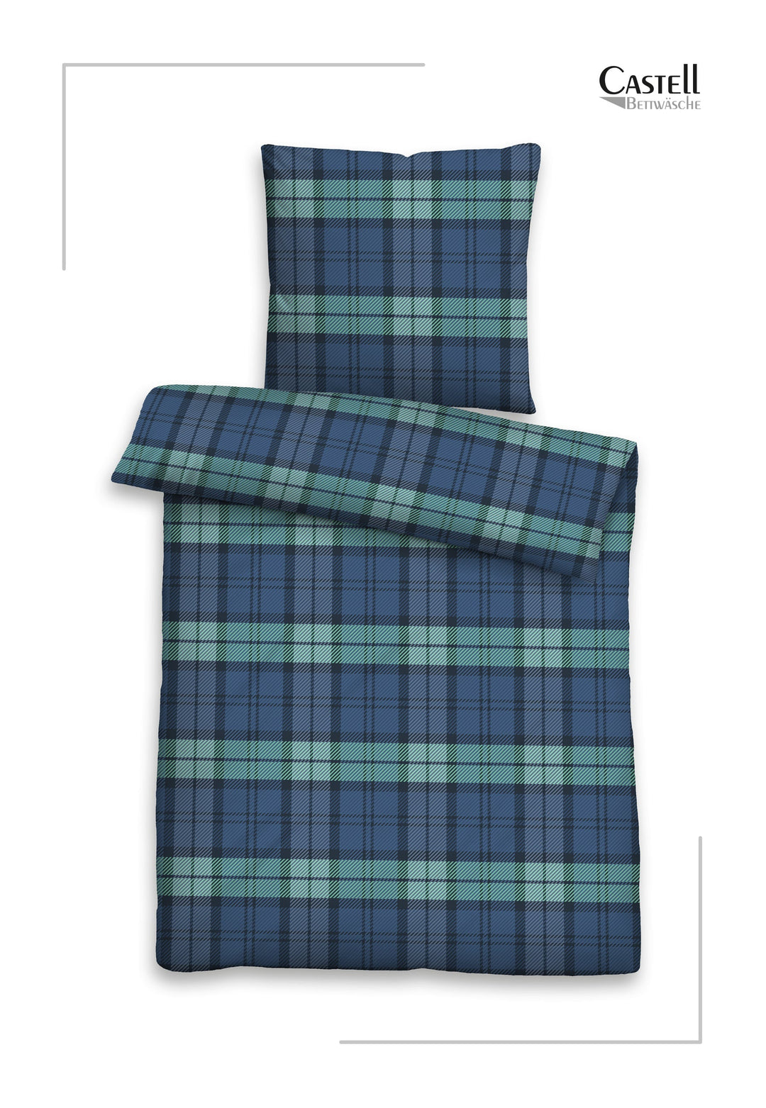 Feinbiber Bettwäsche aus 100 % Baumwolle | Tartan-Karo in Saphirblau und Tannengrün | Beidseitig angeraut und 60 °C waschbar