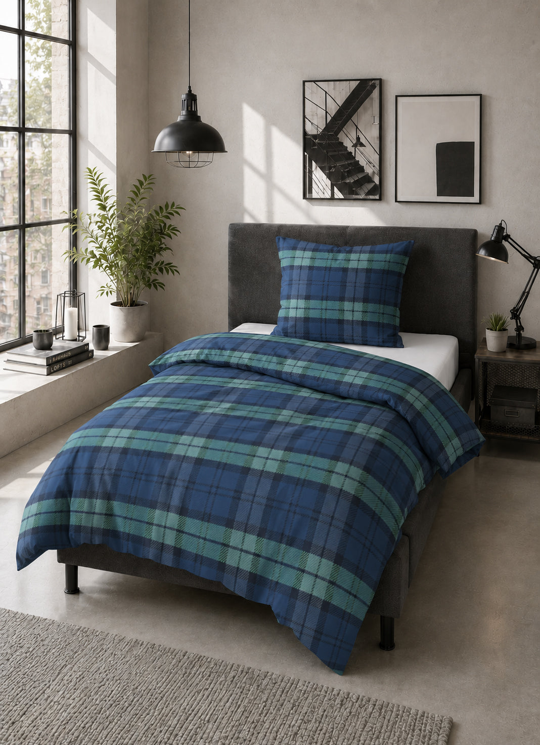Feinbiber Bettwäsche aus 100 % Baumwolle | Tartan-Karo in Saphirblau und Tannengrün | Beidseitig angeraut und 60 °C waschbar