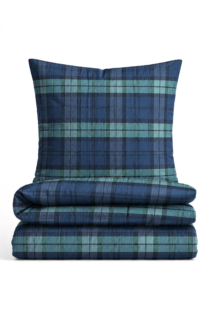 Feinbiber Bettwäsche aus 100 % Baumwolle | Tartan-Karo in Saphirblau und Tannengrün | Beidseitig angeraut und 60 °C waschbar