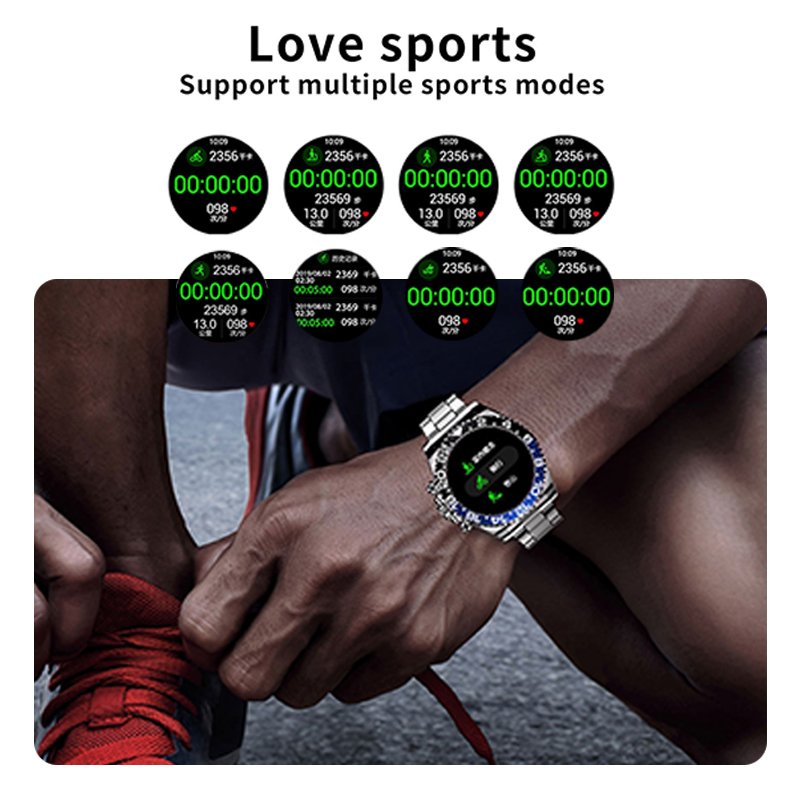 Montre connectée écran HD 1,28 pouce | Lunette rotative &amp; appels Bluetooth | Fréquence cardiaque, sommeil, modes sport, bracelet acier inoxydable