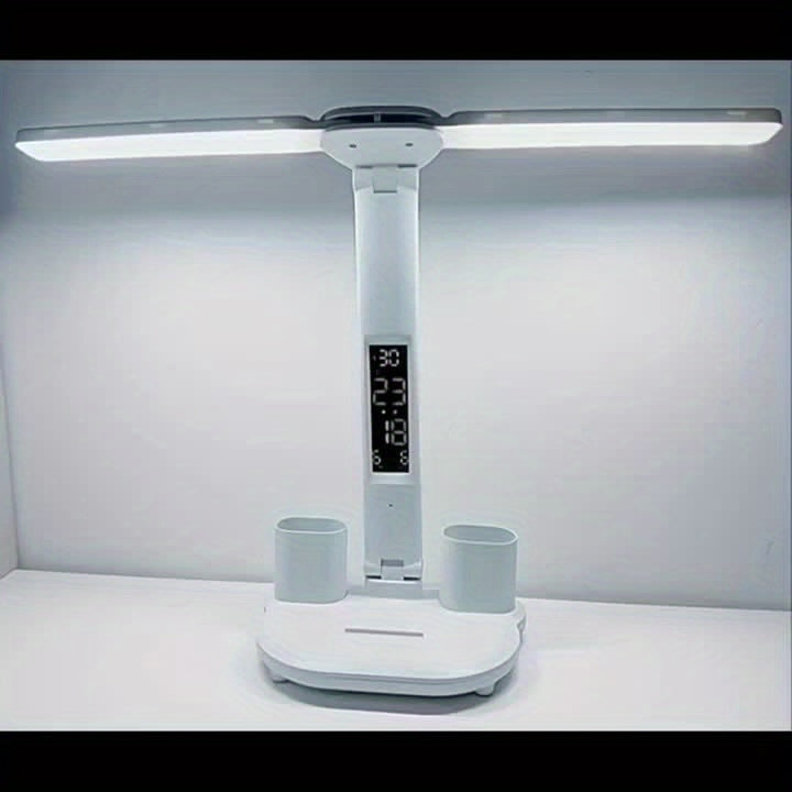 LED Schreibtischlampe dimmbar mit 2 verstellbaren Köpfen | Tischleuchte mit Touch-Bedienung, Digitalanzeige und USB-Anschluss