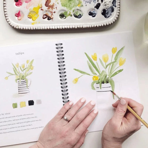 Cahier de travail aquarelle pour débutants | 12 motifs avec guide étape par étape | Papier 120 lb, 6,5"×9", mélange et peinture