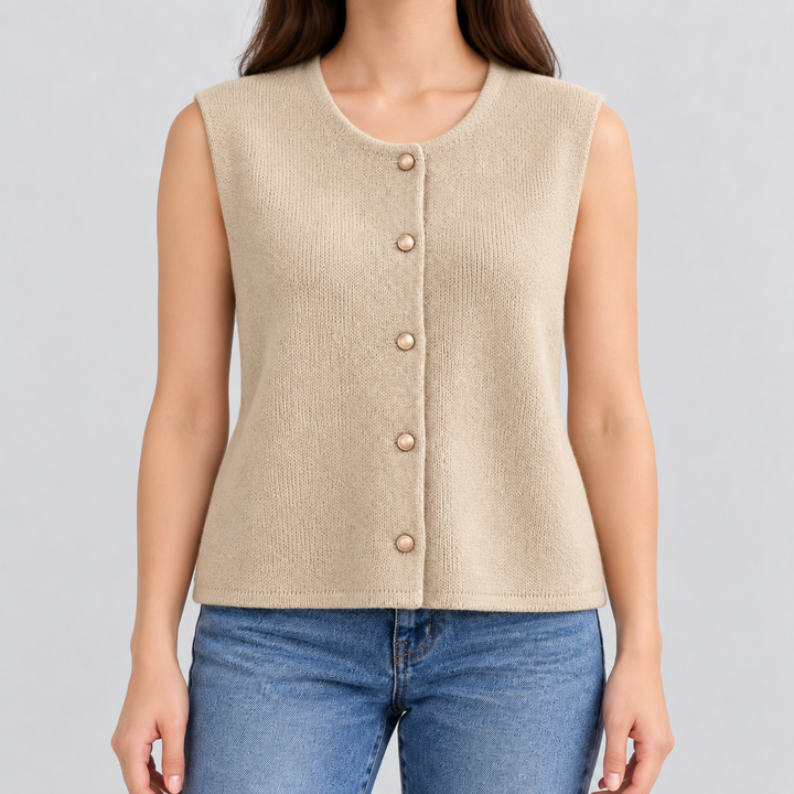 Damen Strickweste ärmellos mit Rundhalsausschnitt | Strukturierte Weste mit Knopfleiste und geradem Saum für vielseitige Looks