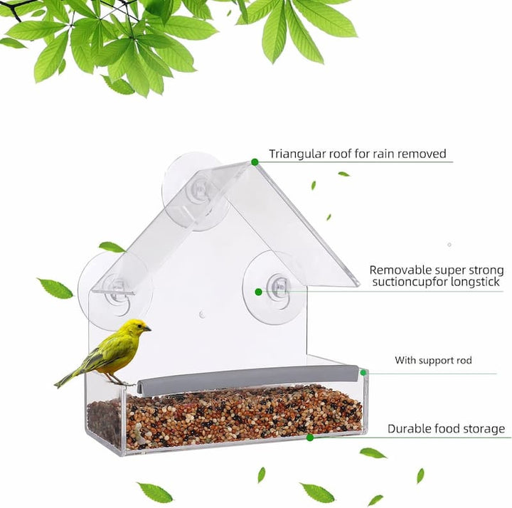 Window bird feeder with 3 suction cups – transparent acrylic for clear view | Open design for more birds | Easy to fill &amp; clean