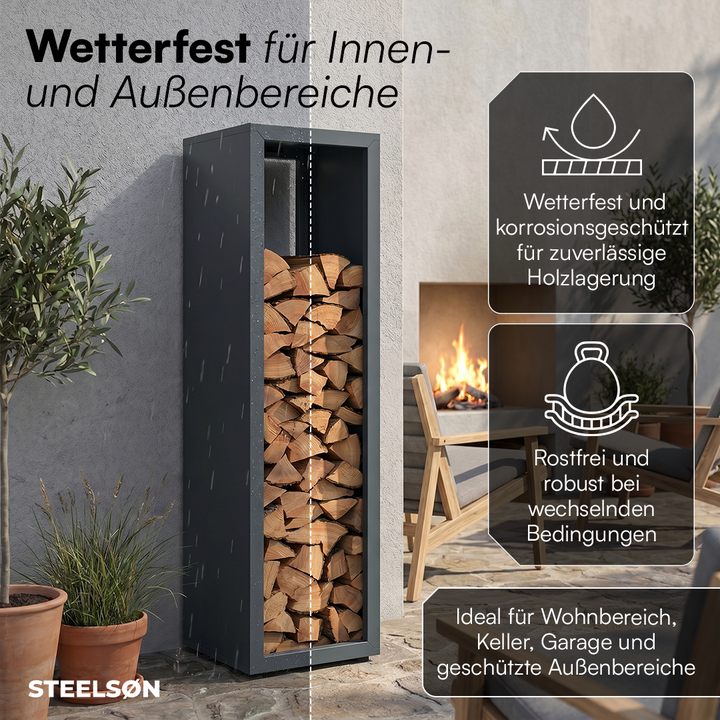 Kaminholzregal | Brennholzregal aus verzinktem Stahl für innen und außen, wetterfest mit höhenverstellbaren Füßen