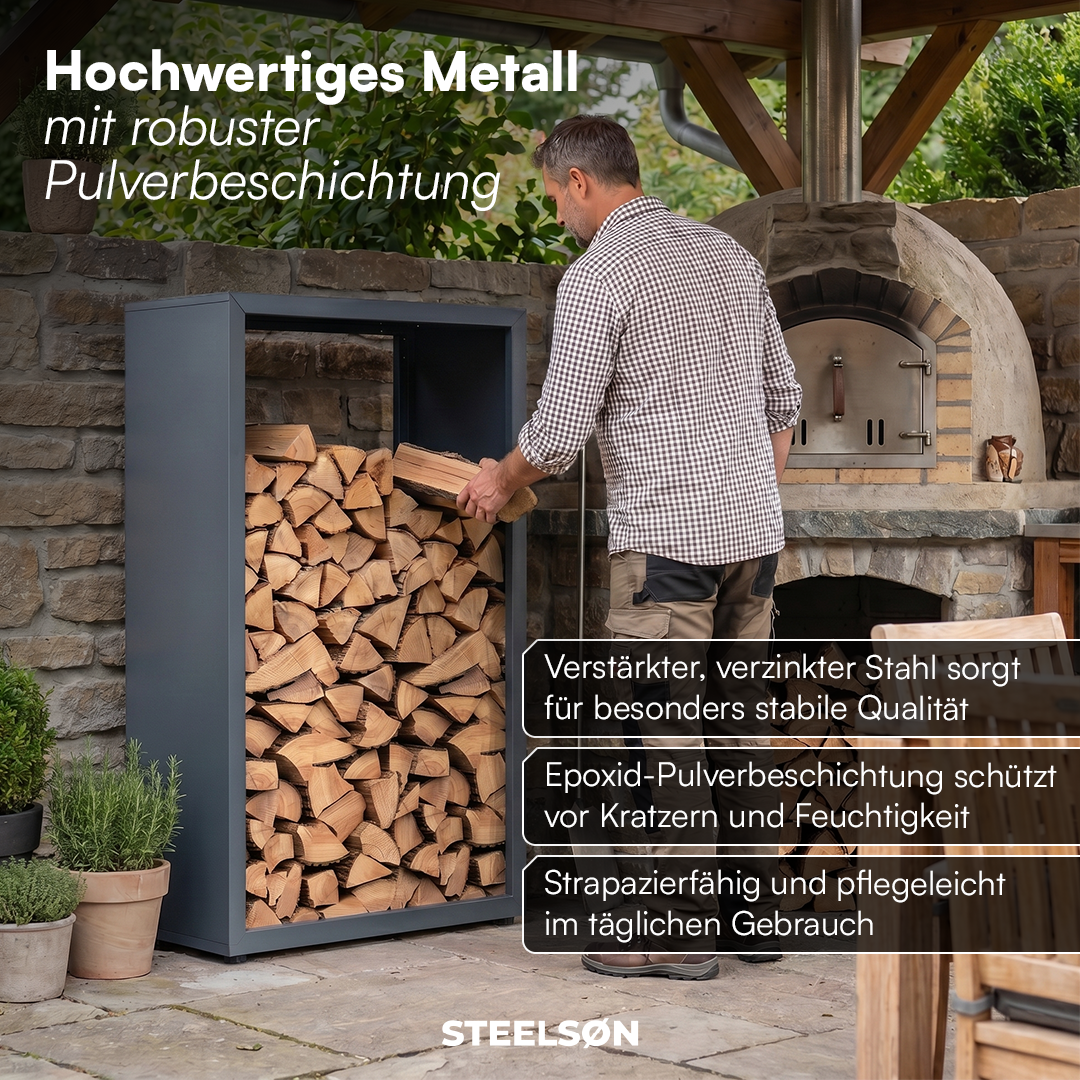 Kaminholzregal | Brennholzregal aus verzinktem Stahl für innen und außen, wetterfest mit höhenverstellbaren Füßen