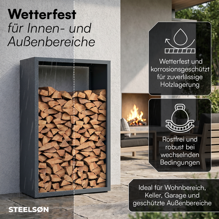 Kaminholzregal | Brennholzregal aus verzinktem Stahl für innen und außen, wetterfest mit höhenverstellbaren Füßen