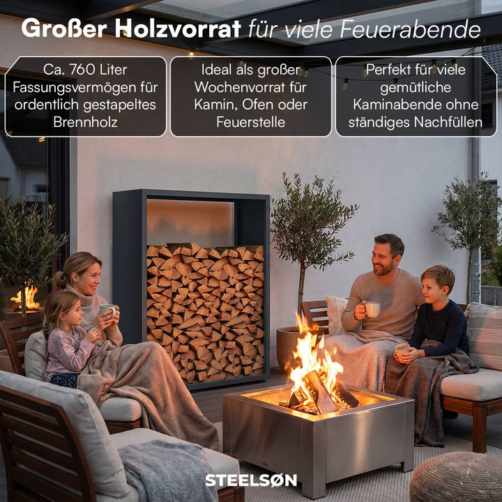 Kaminholzregal | Brennholzregal aus verzinktem Stahl für innen und außen, wetterfest mit höhenverstellbaren Füßen