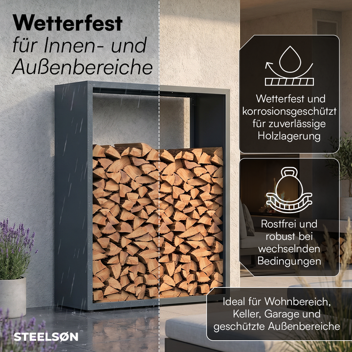 Kaminholzregal | Brennholzregal aus verzinktem Stahl für innen und außen, wetterfest mit höhenverstellbaren Füßen