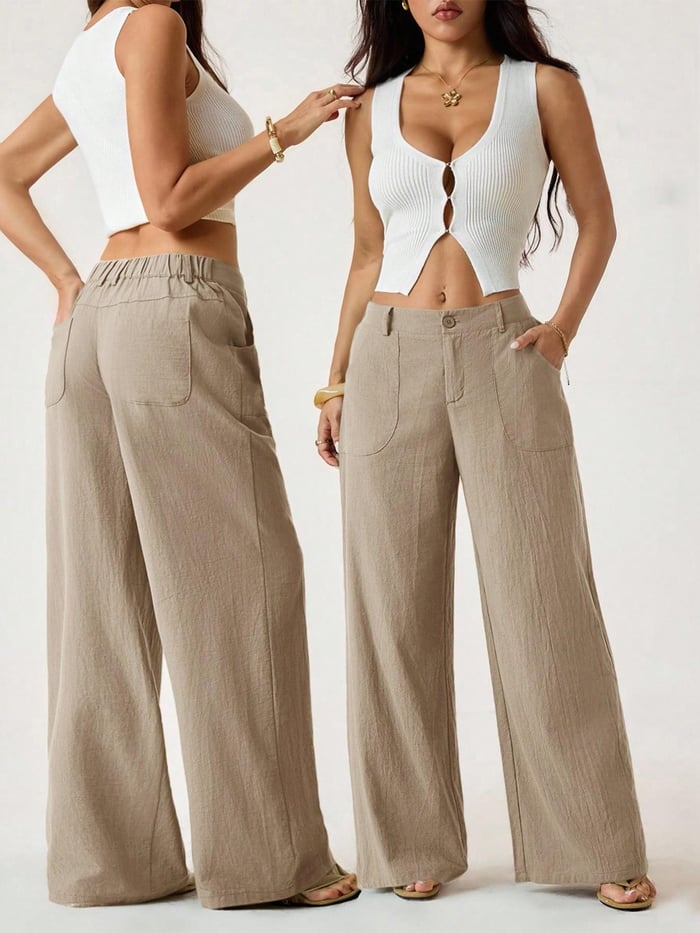 Damen Palazzo Hose aus Baumwoll-Leinen | High Waist Sommerhose mit Weitem Bein &amp; Taschen | Luftig &amp; Bequem