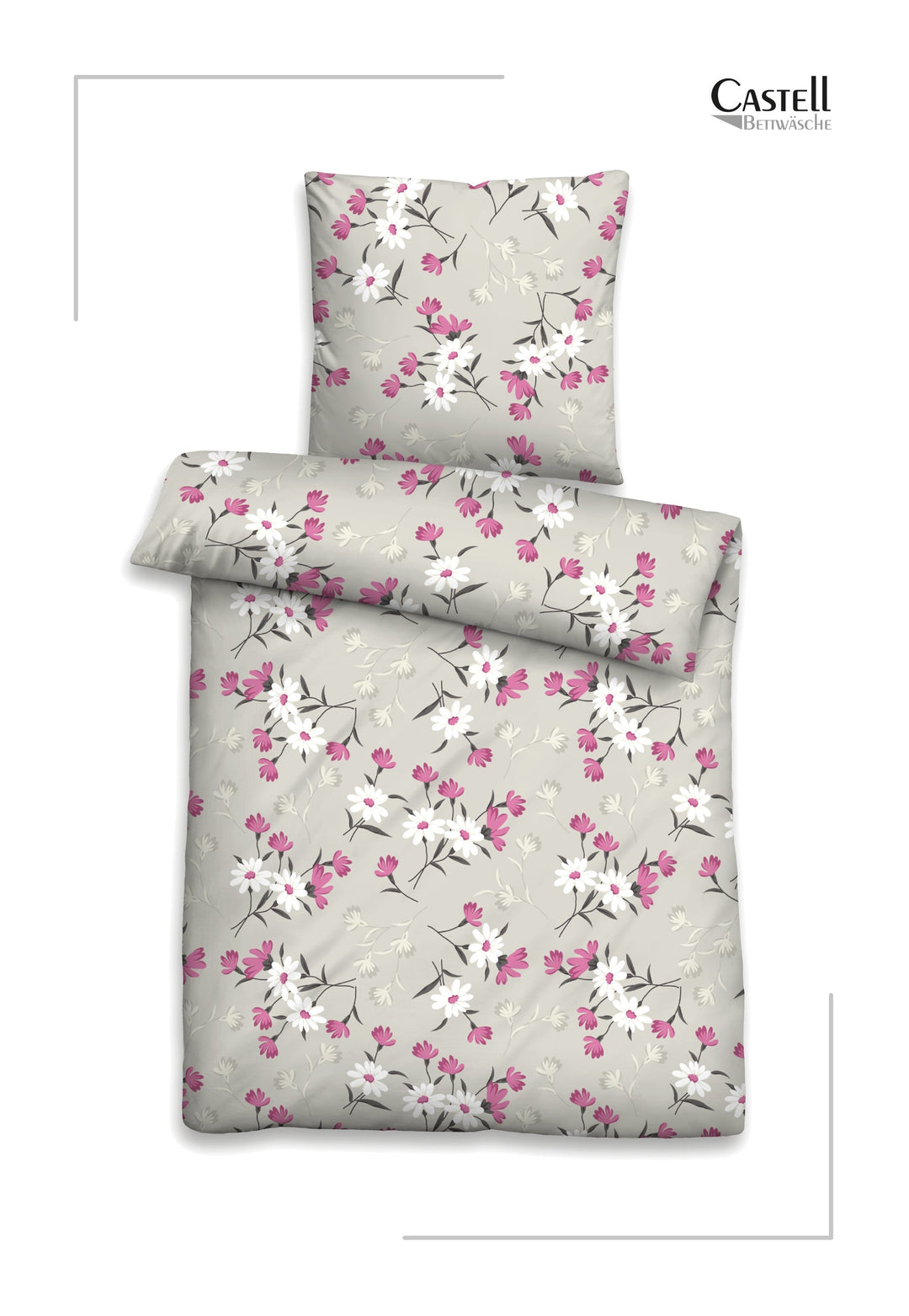 Feinbiber Bettwäsche aus 100 % Baumwolle | Blumenmuster in Brombeer, Weiß und Grau | Beidseitig angeraut, 60 °C waschbar
