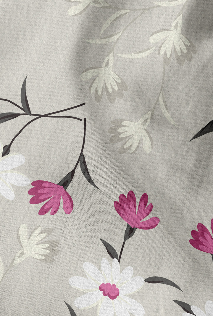 Feinbiber Bettwäsche aus 100 % Baumwolle | Blumenmuster in Brombeer, Weiß und Grau | Beidseitig angeraut, 60 °C waschbar