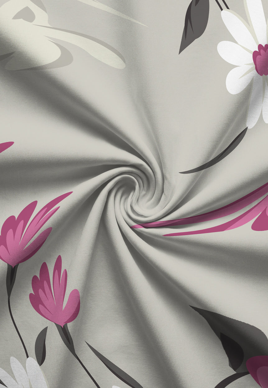 Feinbiber Bettwäsche aus 100 % Baumwolle | Blumenmuster in Brombeer, Weiß und Grau | Beidseitig angeraut, 60 °C waschbar