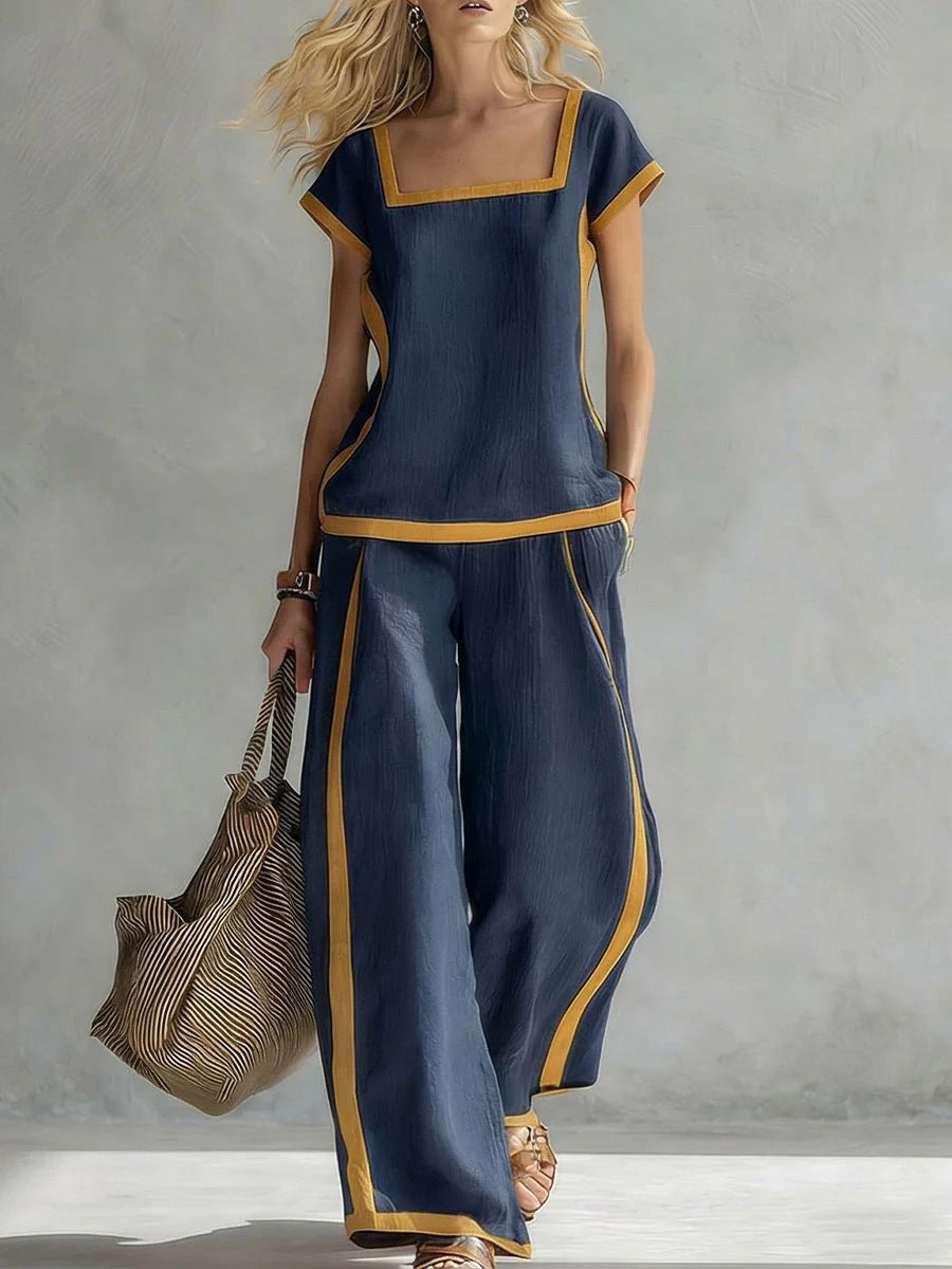 Damen Zweiteiler Set | Casual Outfit mit Karree-Ausschnitt und lockerer Hose für Alltag und Freizeit