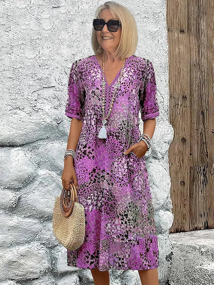 Robe midi pour femmes en mélange lin-coton | Encolure en V &amp; imprimé vivant | Coupe fluide, confortable &amp; élégante (S–3XL)