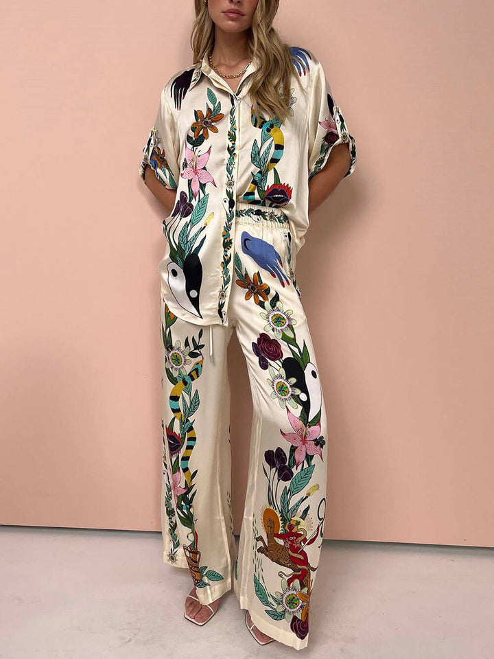 Damen Blumenmuster Set zweiteilig | Leichtes Sommer-Outfit mit frischem Print | Für Urlaub &amp; Alltag