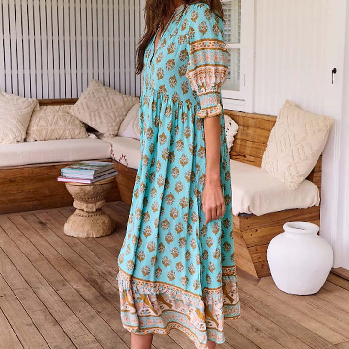 Boho-kukkakuvioinen mekko V-kaula-aukolla | Korkea vyötärö &amp; A-linjainen leikkaus | Hengittävä &amp; liehuva