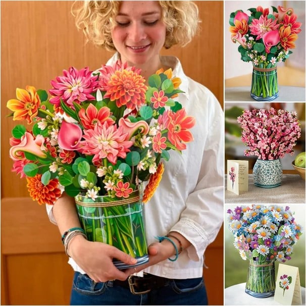 Pop-Up Papierblumenstrauß 3D | Blumenkarte mit Papiervase &amp; Grußkarte | Handgefertigt, langlebig | Deko-Geschenk 43×38 cm