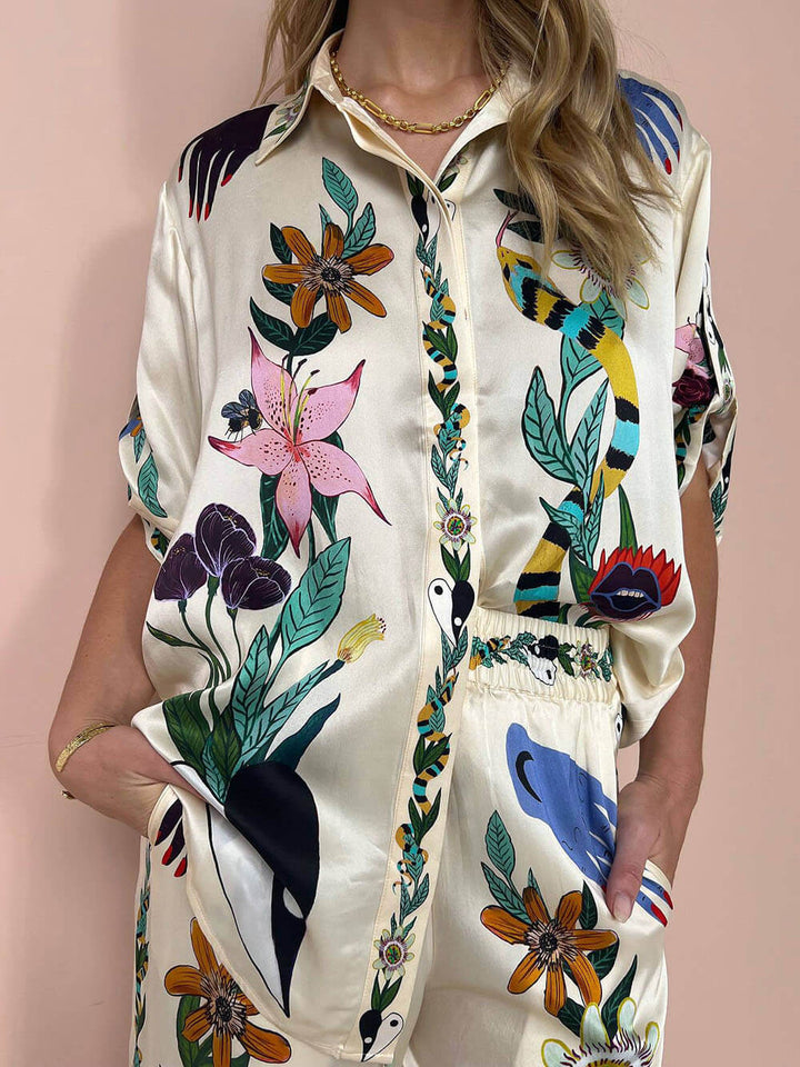 Damen Blumenmuster Set zweiteilig | Leichtes Sommer-Outfit mit frischem Print | Für Urlaub &amp; Alltag