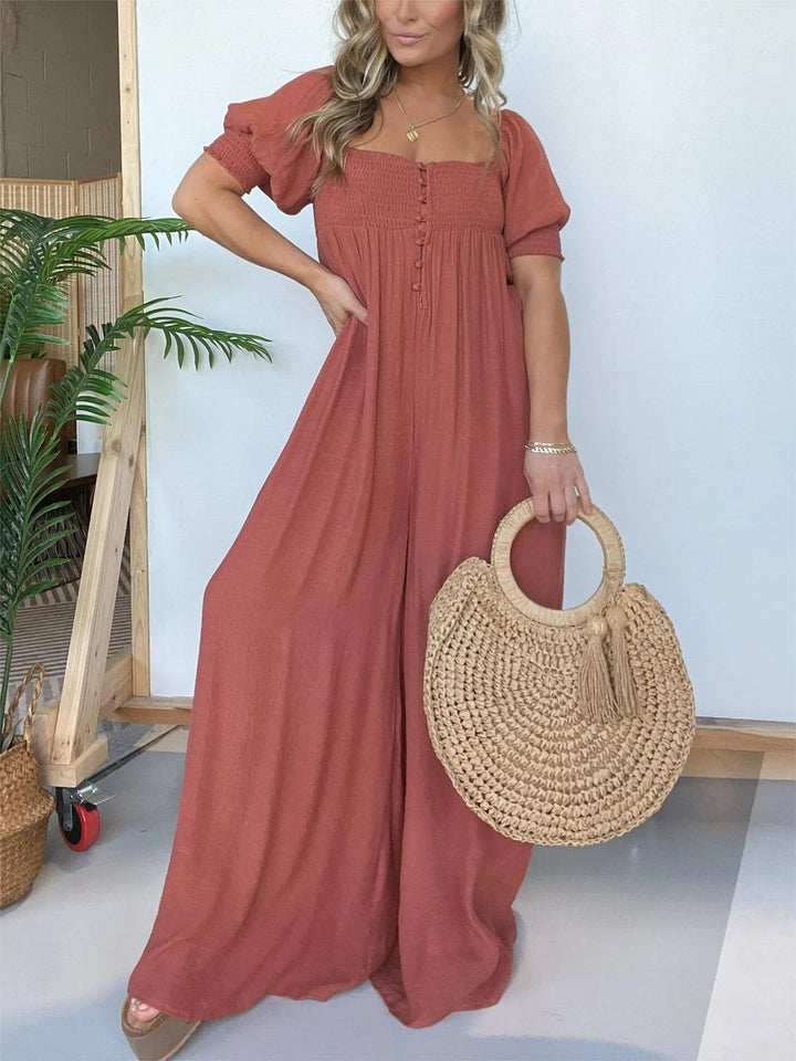 Damen Jumpsuit mit quadratischem Ausschnitt | gesmocktes Oberteil &amp; Taschen | locker-lässig, Coco-Muster | ideal für Sommer &amp; Urlaub