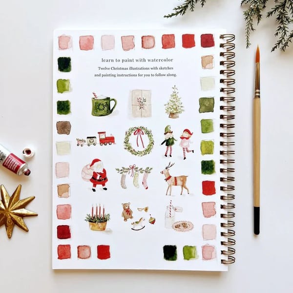 Cahier de travail aquarelle pour débutants | 12 motifs avec guide étape par étape | Papier 120 lb, 6,5"×9", mélange et peinture
