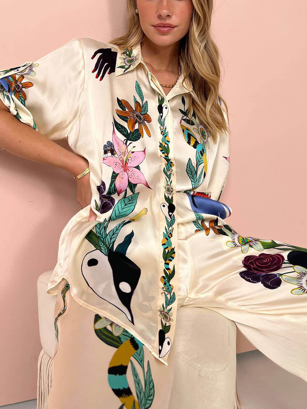 Damen Blumenmuster Set zweiteilig | Leichtes Sommer-Outfit mit frischem Print | Für Urlaub &amp; Alltag