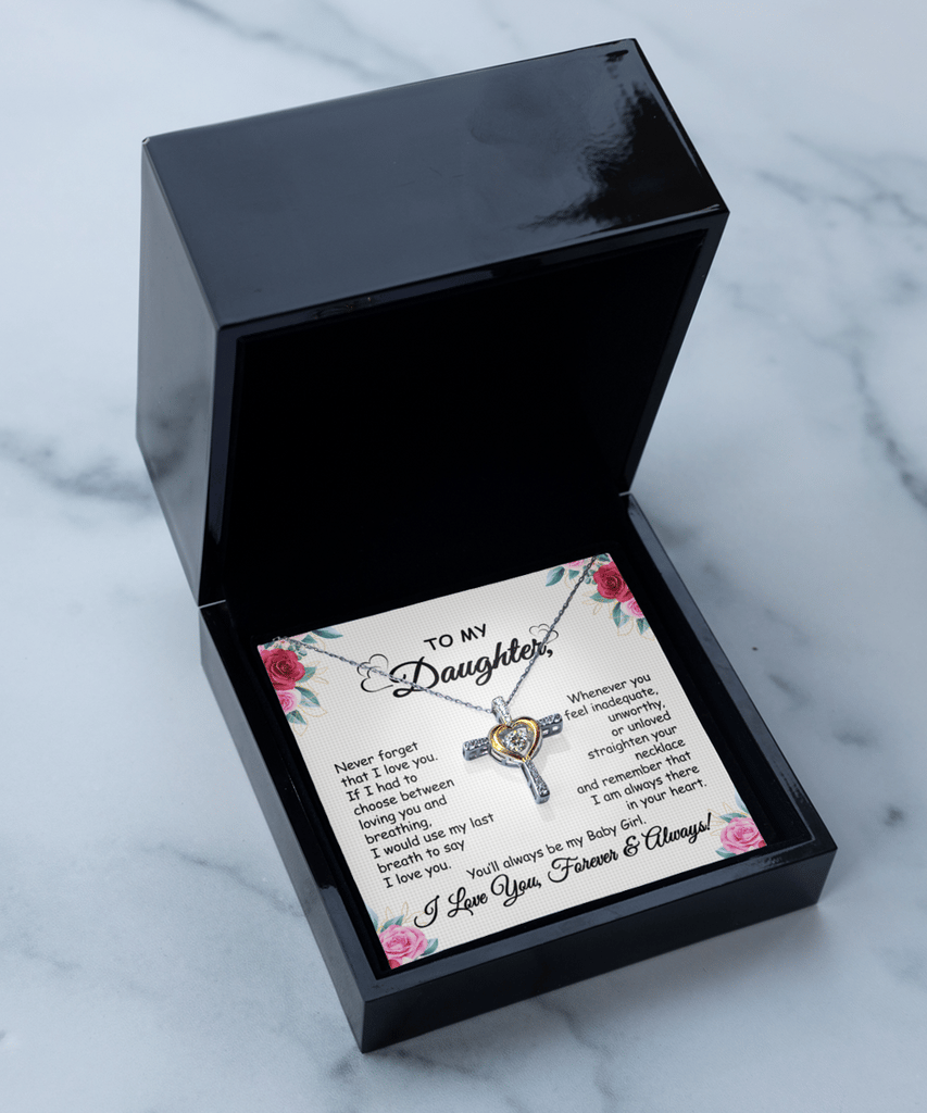 Halskette mit Botschaftskarte | Geschenk für Tochter | Kreuz mit Zirkonia &amp; Geschenkbox