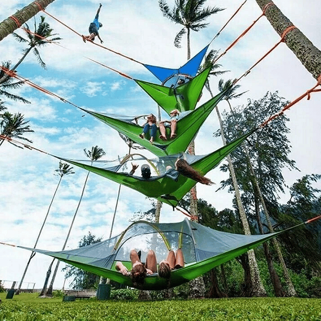 3-Punkt Camping Hängematte Dreieck | Bis 500 kg Tragkraft | Schwebend ohne ebenen Boden, Stauraumfächer für Outdoor &amp; Garten