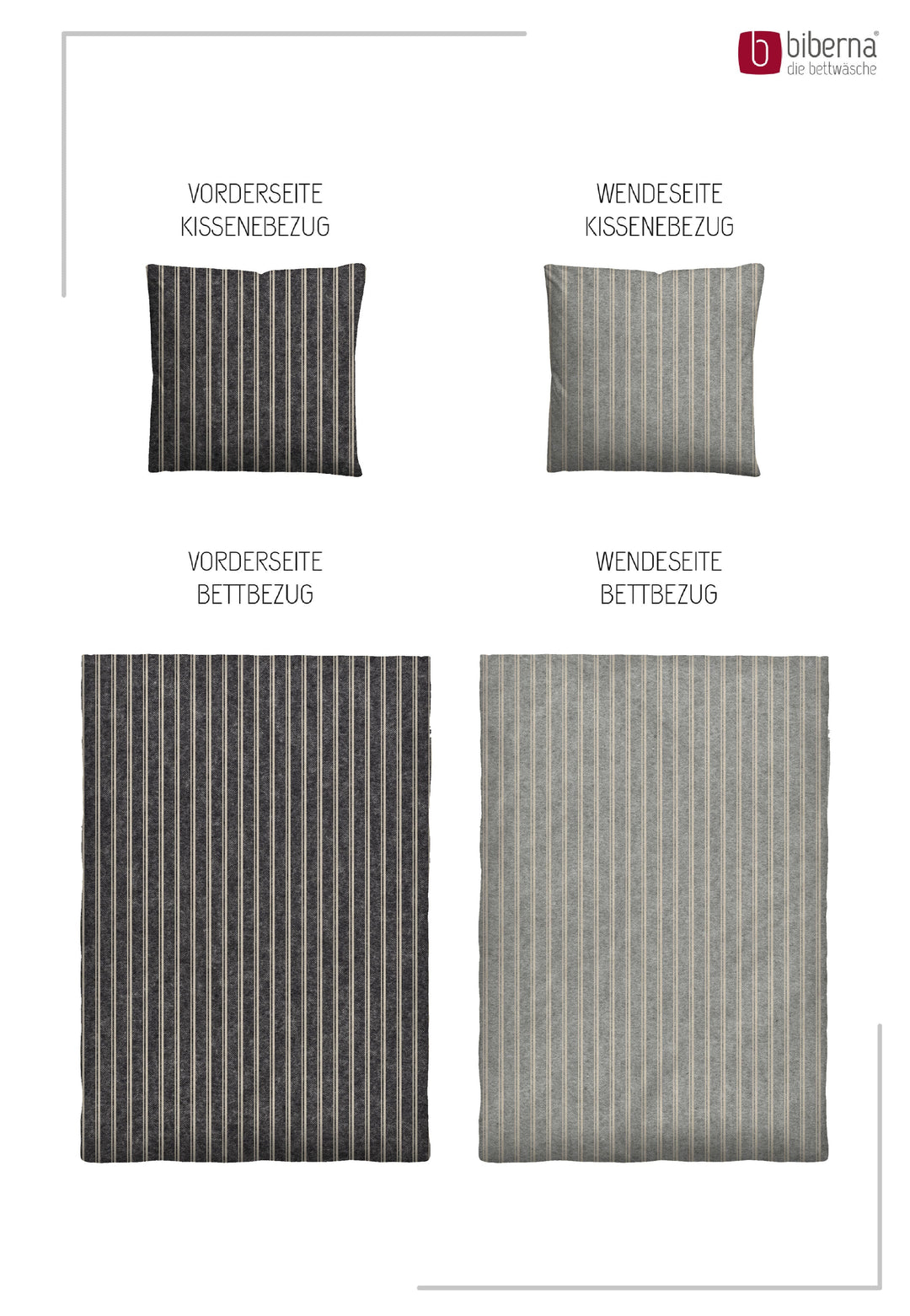Melange Flanell Bettwäsche aus 100 % Baumwolle | Feine Längsstreifen in Hellgrau und Weiß | Beidseitig angeraut, 60 °C waschbar