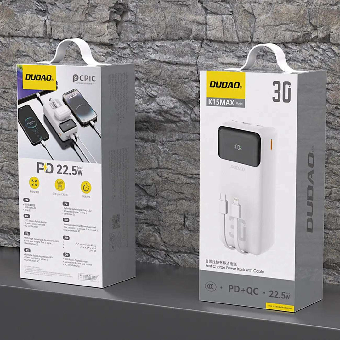 Powerbank 30.000 mAh | 22,5 W Schnellladegerät mit USB-C, Lightning-Kabel und Digitalanzeige