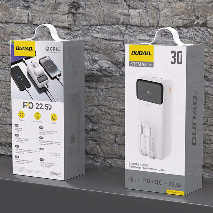 Powerbank 30.000 mAh | 22,5 W Schnellladegerät mit USB-C, Lightning-Kabel und Digitalanzeige