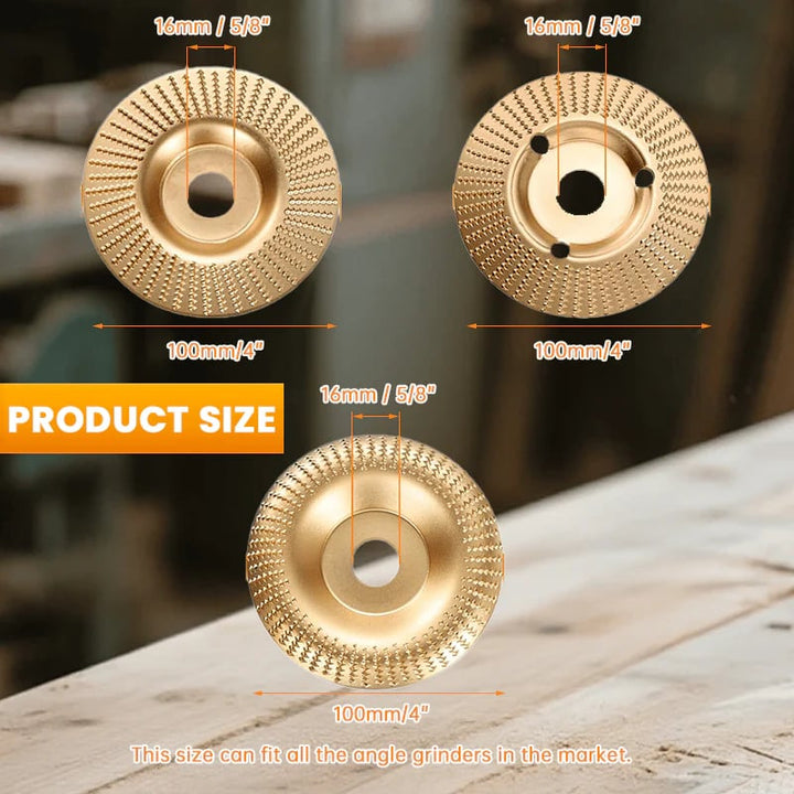 Set di dischi per intaglio in legno 3 pezzi per smerigliatrice angolare da 100 | Ø 4", foro 16 mm | Piatto/convesso/smussato per modellare e levigare