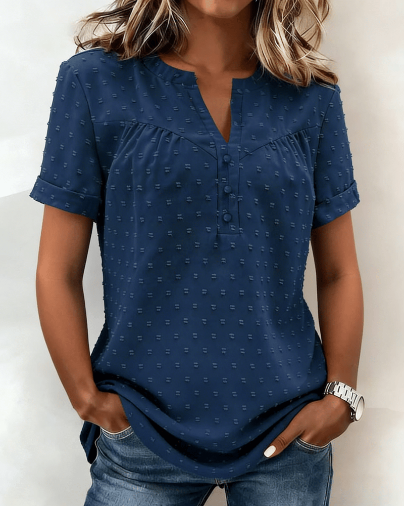 Damen Bluse mit V-Ausschnitt | Lockeres Kurzarm-Shirt aus Baumwollmischung | Leichte Sommerbluse für Alltag &amp; Freizeit