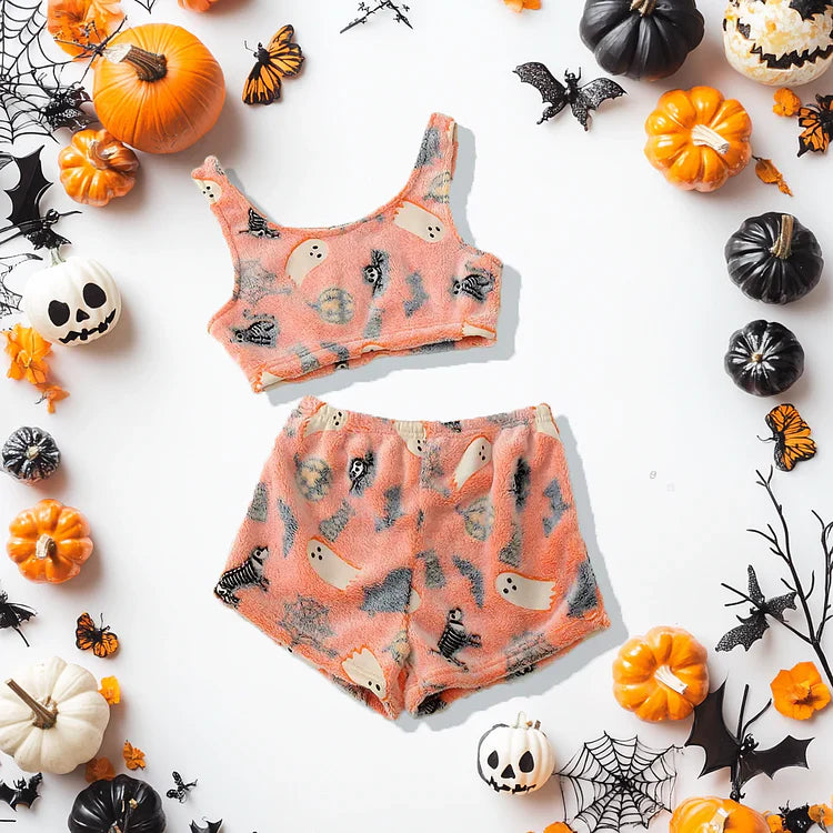 Dámska pyžamová súprava Halloween s potlačou duchov | dlhý rukáv + nohavice | teplá, mäkká a pohodlná na jesenné večery