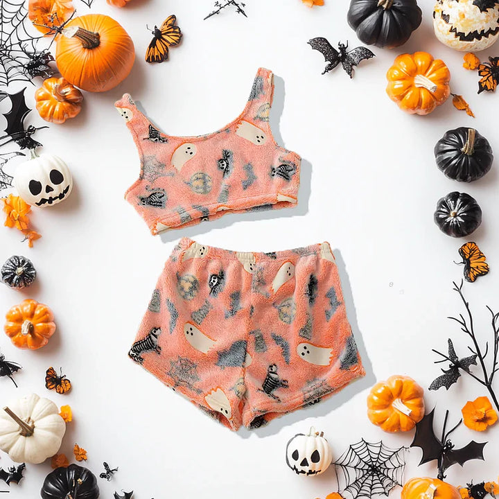 Dámska pyžamová súprava Halloween s potlačou duchov | dlhý rukáv + nohavice | teplá, mäkká a pohodlná na jesenné večery