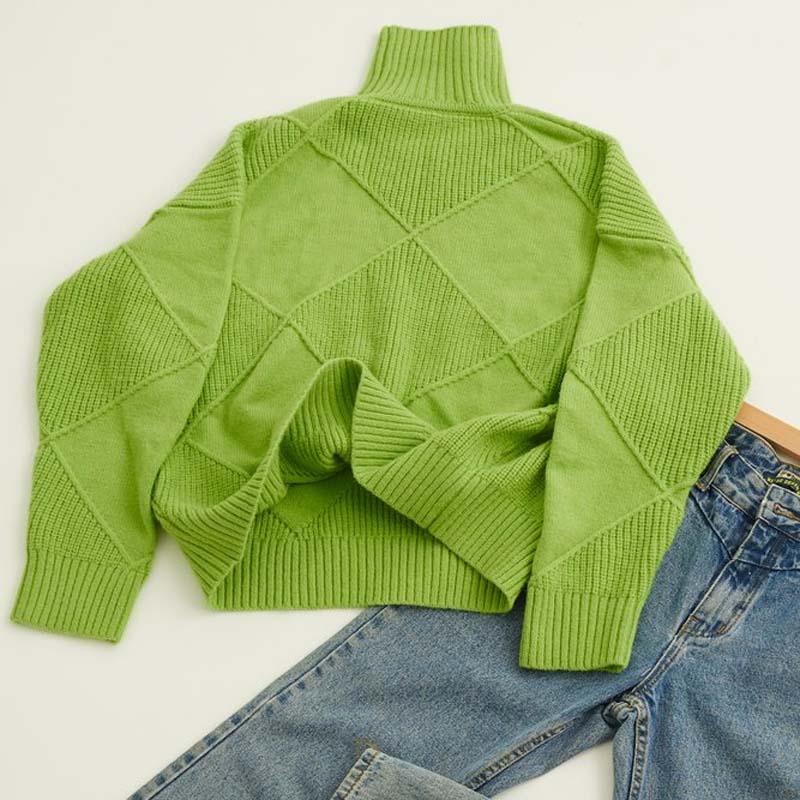 Damen Strickpullover mit hohem Kragen | Warmer Winterpullover mit strukturiertem geometrischem Muster für moderne Winterlooks