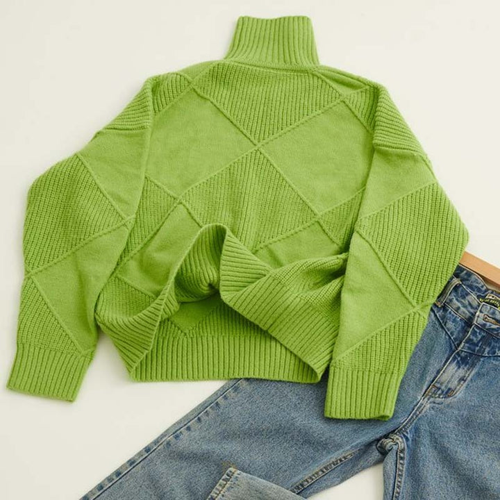 Damen Strickpullover mit hohem Kragen | Warmer Winterpullover mit strukturiertem geometrischem Muster für moderne Winterlooks