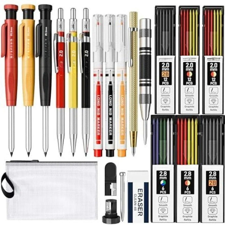 Tiefloch-Markierstift | 2,8 mm mit 24 Nachfüllminen für Handwerk, Montage und schwer erreichbare Stellen
