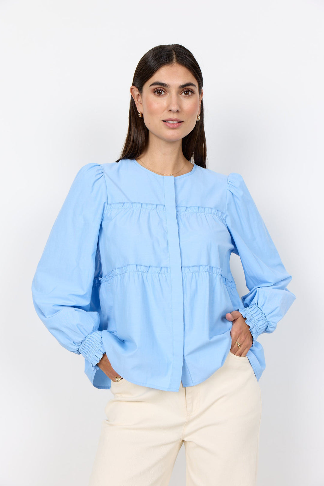 Damen Bluse | Bluse mit Rundhalsausschnitt, Rüschendetails und elastischen Manschetten