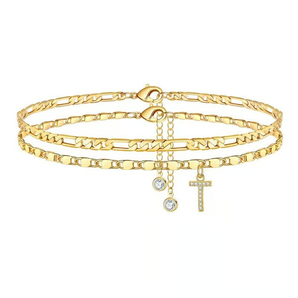 Chaîne de cheville lettres multicouches et réglable | Hypoallergénique, sans nickel ni plomb | Or/argent | 21,5 cm + 5 cm