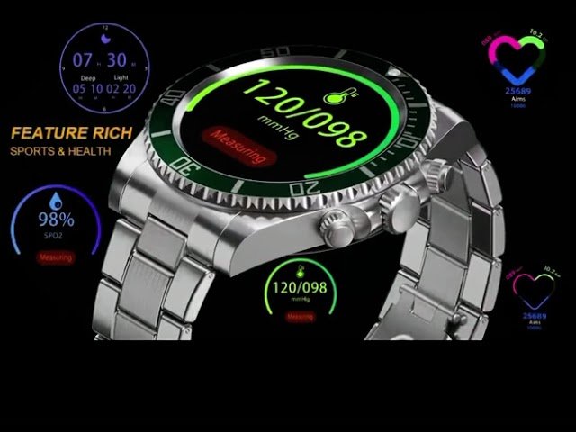 Montre connectée écran HD 1,28 pouce | Lunette rotative &amp; appels Bluetooth | Fréquence cardiaque, sommeil, modes sport, bracelet acier inoxydable