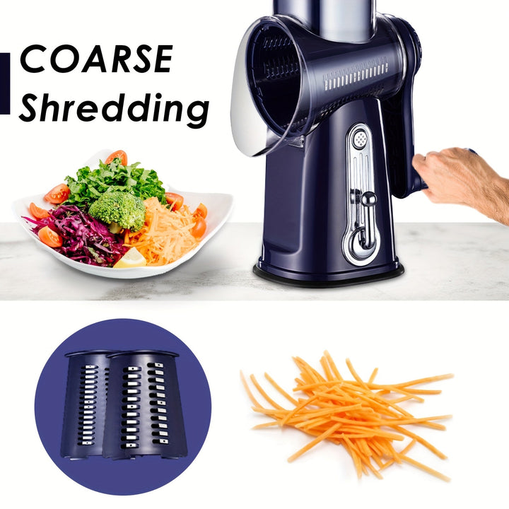 Rotierende Küchenreibe 5-in-1 mit 5 Wechseltrommeln | Käsereibe und Gemüseschneider mit rutschfestem Standfuß für die Küche