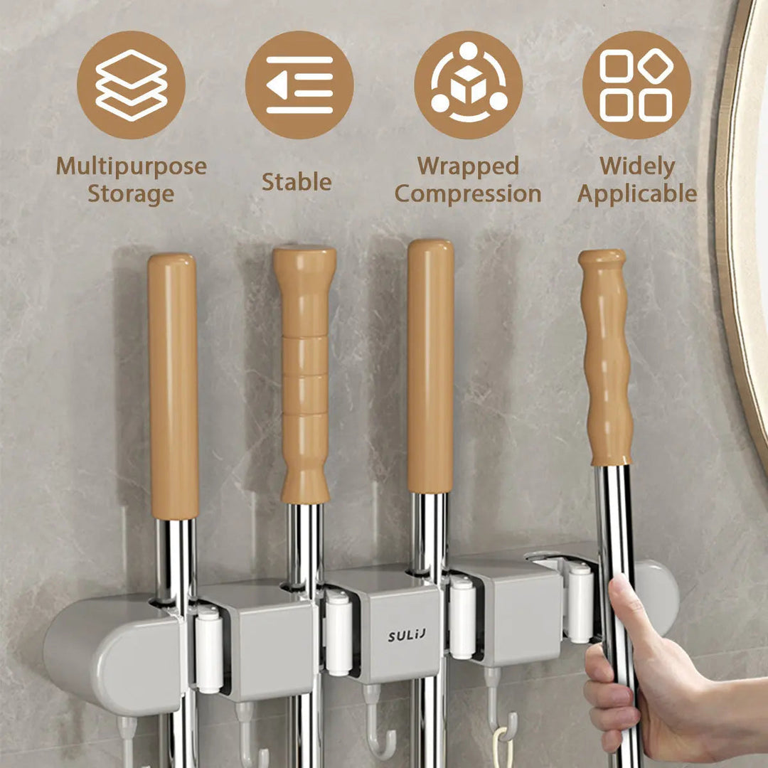 Wandhalter für Besen &amp; Wischmopp | 4 Antirutsch-Klemmen + 5 Haken | Selbstklebend ohne Bohren | Platzsparender Gerätehalter
