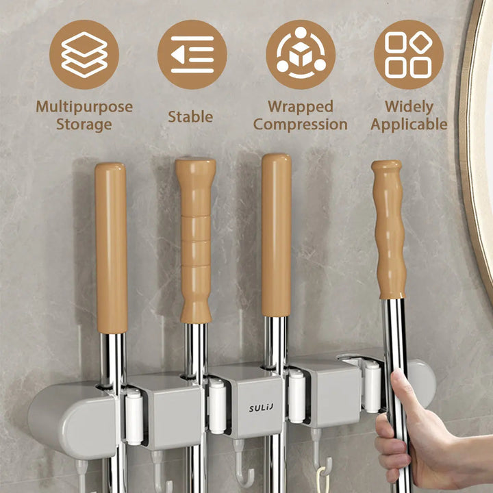 Wandhalter für Besen &amp; Wischmopp | 4 Antirutsch-Klemmen + 5 Haken | Selbstklebend ohne Bohren | Platzsparender Gerätehalter