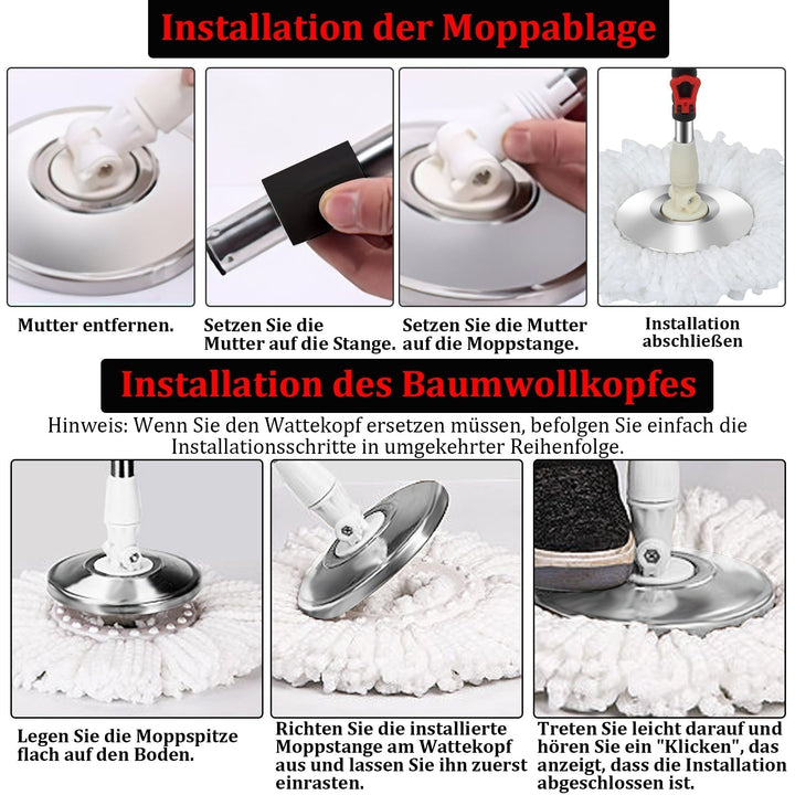Wischmopp-Set mit Eimer | 360° Bodenwischer mit Zwei-Zonen-System | 3 Mikrofaserbezüge &amp; Teleskopstiel