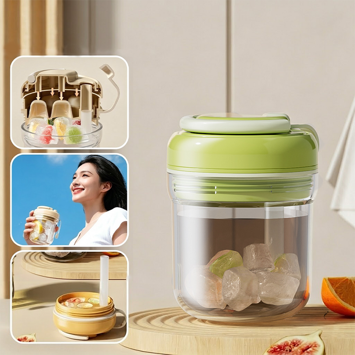 Eiswürfelbecher mit Silikonform &amp; Trinkhalm | 3-in-1 Eiswürfelform, Trinkbecher &amp; To-Go-Becher | Auslaufsicher