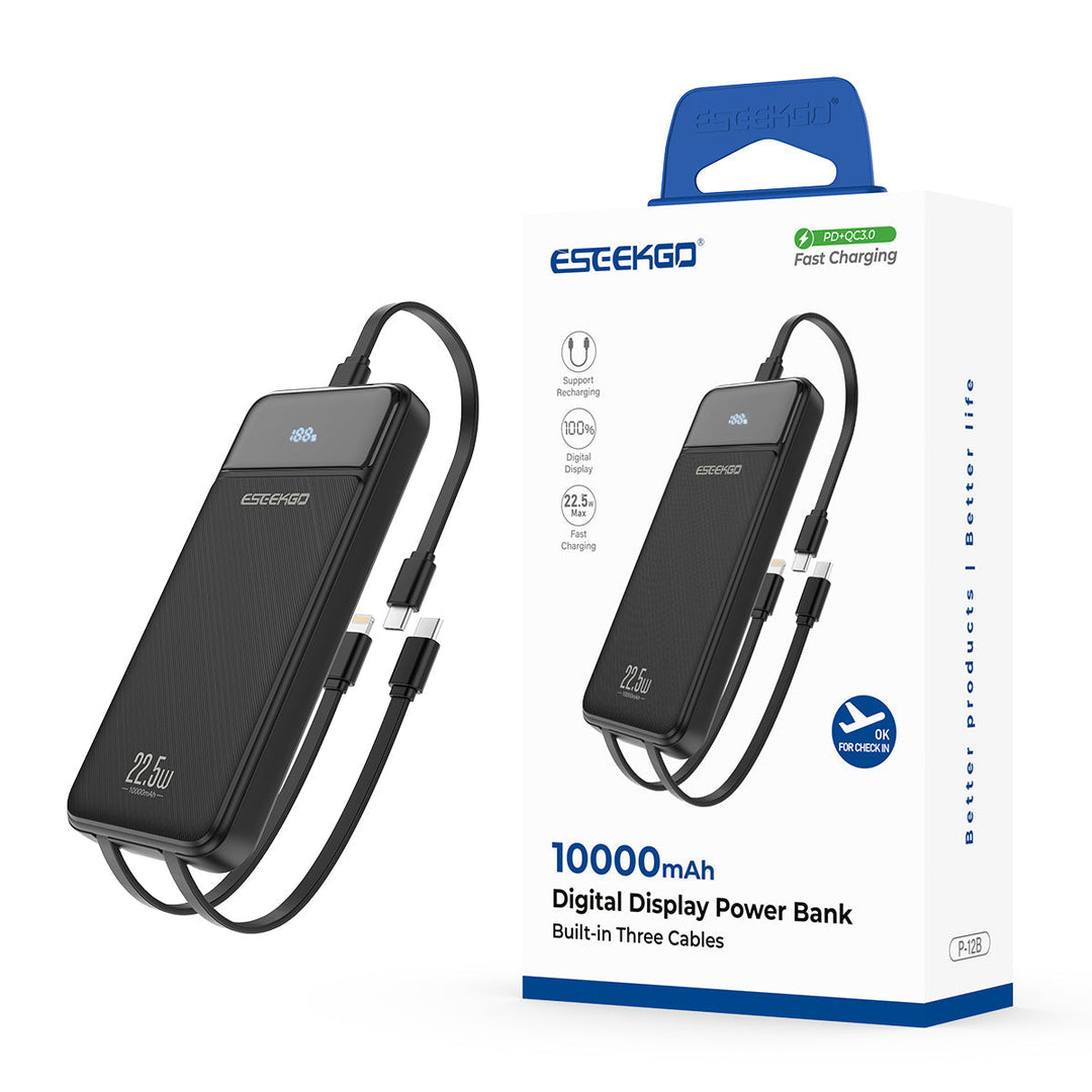 Powerbank | 10.000 mAh mit integrierten Kabeln, LED-Display und Schnellladung für 4 Geräte