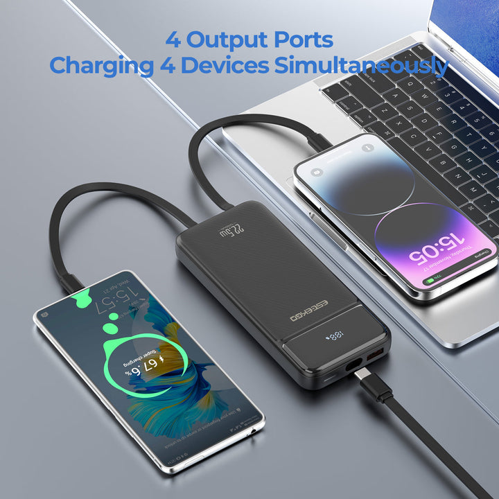 Powerbank | 10.000 mAh mit integrierten Kabeln, LED-Display und Schnellladung für 4 Geräte