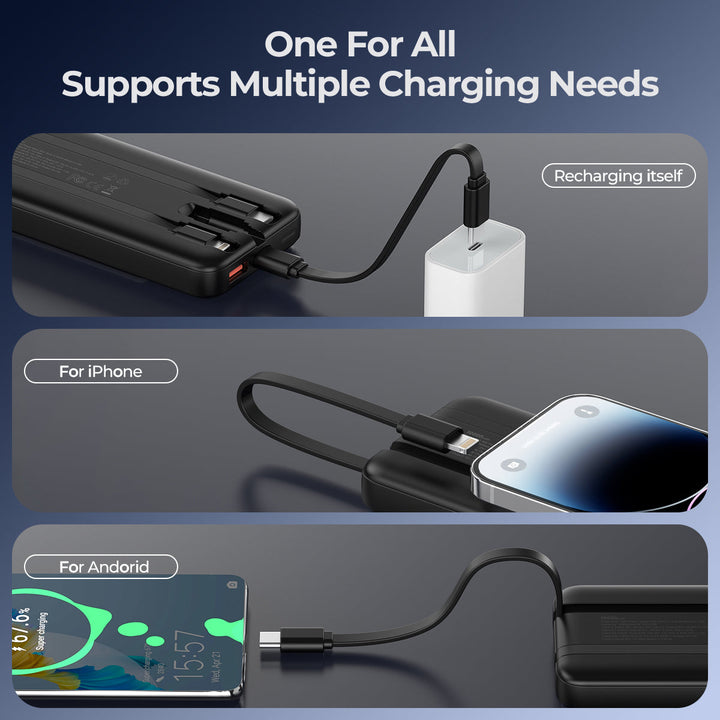 Powerbank | 10.000 mAh mit integrierten Kabeln, LED-Display und Schnellladung für 4 Geräte
